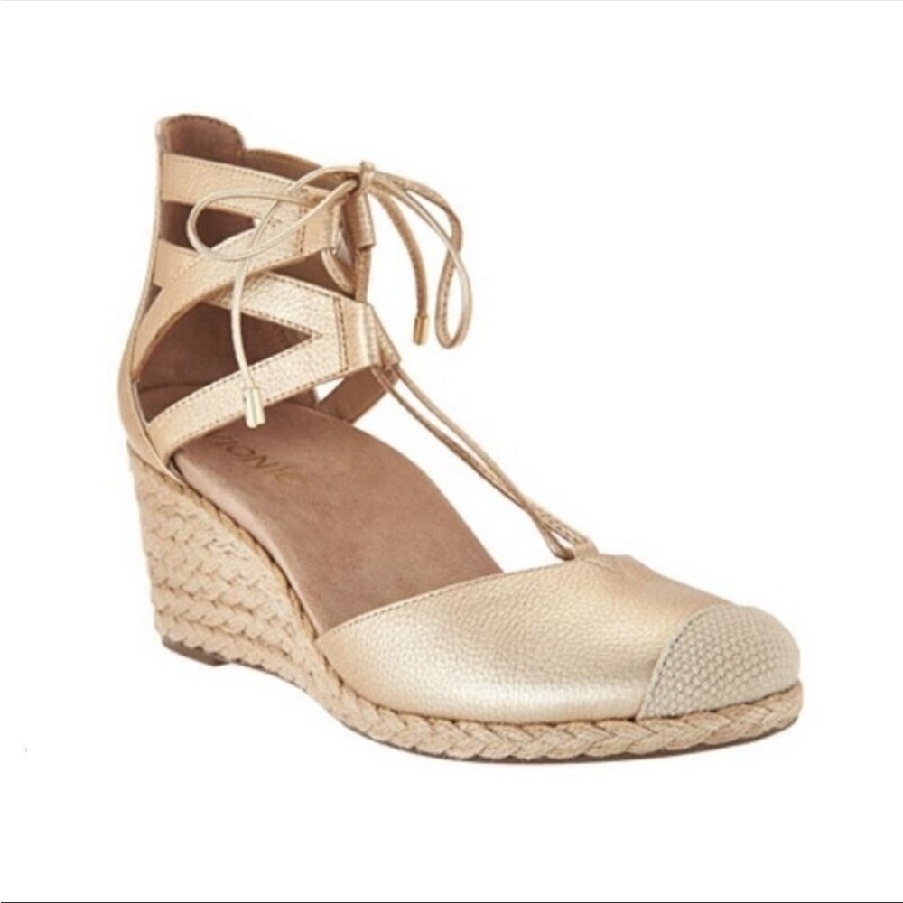 VIONIC Calypso Gold Leather Espadrille Wedge Sandals Size 9
